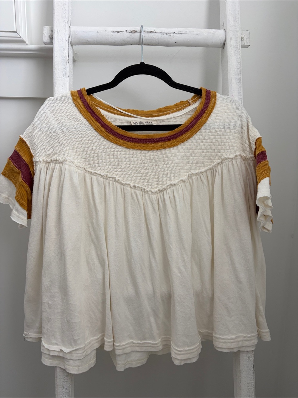 Free People Cream Short Sleeve Swing Top with Mustard & Burgundy Trim